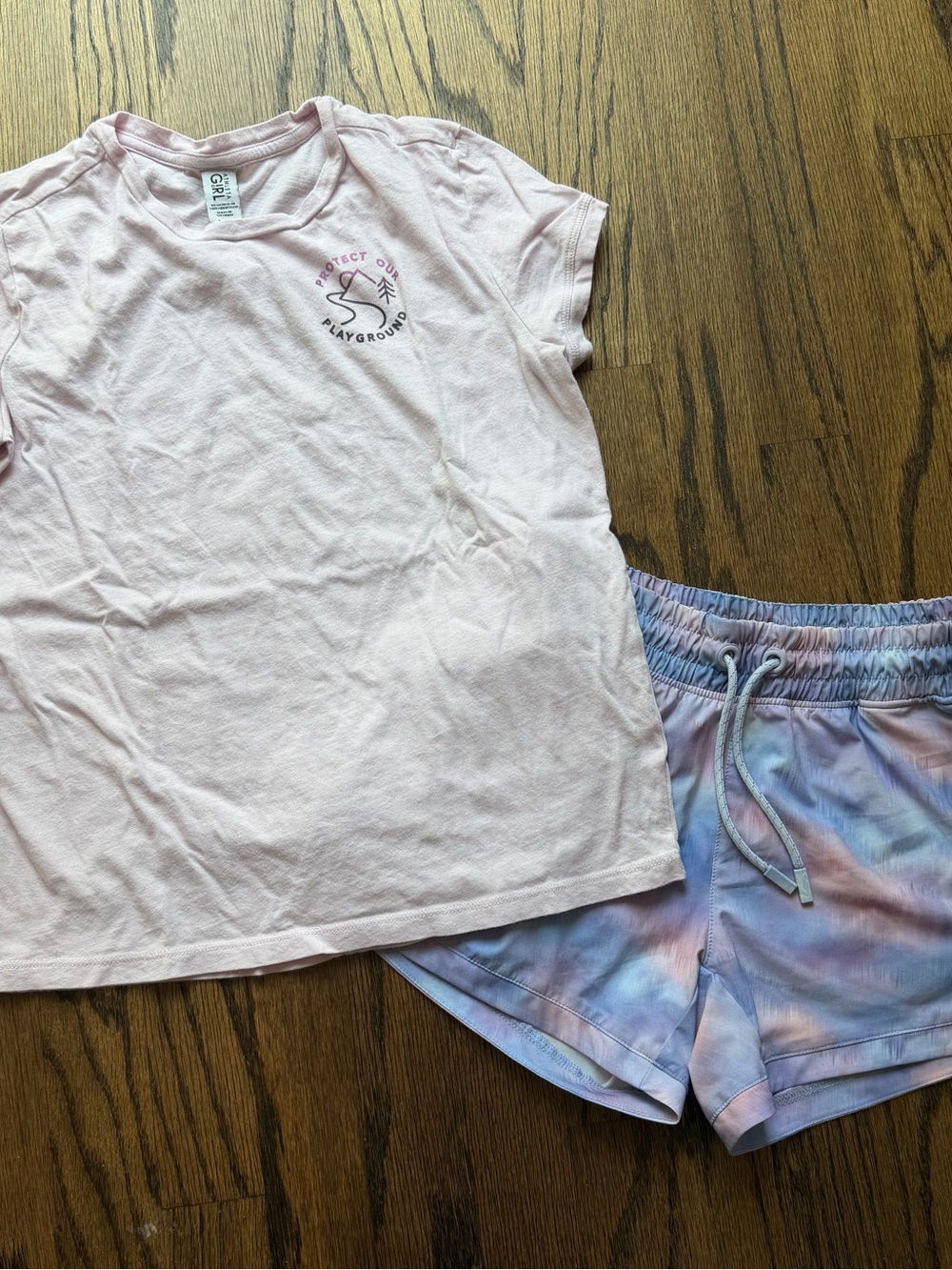 Athleta Girl Light Pink and Purple Tee and Shorts Set